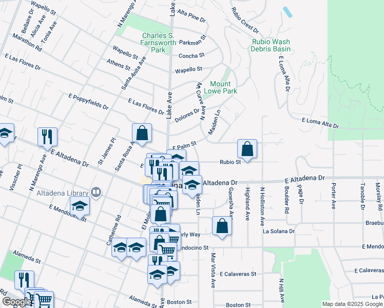 map of restaurants, bars, coffee shops, grocery stores, and more near 2717 Maiden Lane in Altadena