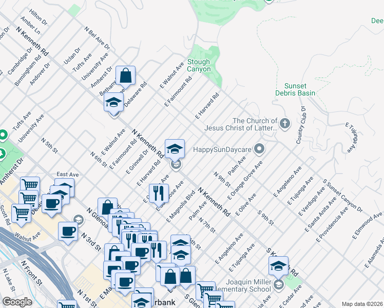 map of restaurants, bars, coffee shops, grocery stores, and more near 842 East Cypress Avenue in Burbank