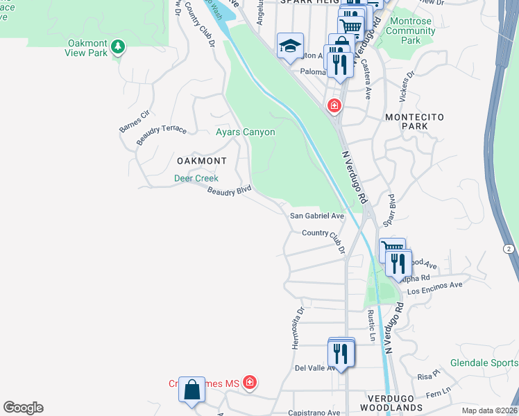 map of restaurants, bars, coffee shops, grocery stores, and more near 3039 San Gabriel Avenue in Glendale