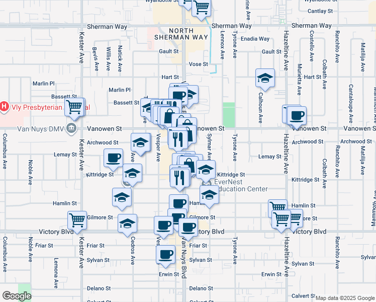 map of restaurants, bars, coffee shops, grocery stores, and more near 6700 Van Nuys Boulevard in Los Angeles