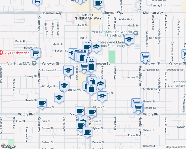 map of restaurants, bars, coffee shops, grocery stores, and more near 6700 Van Nuys Boulevard in Los Angeles