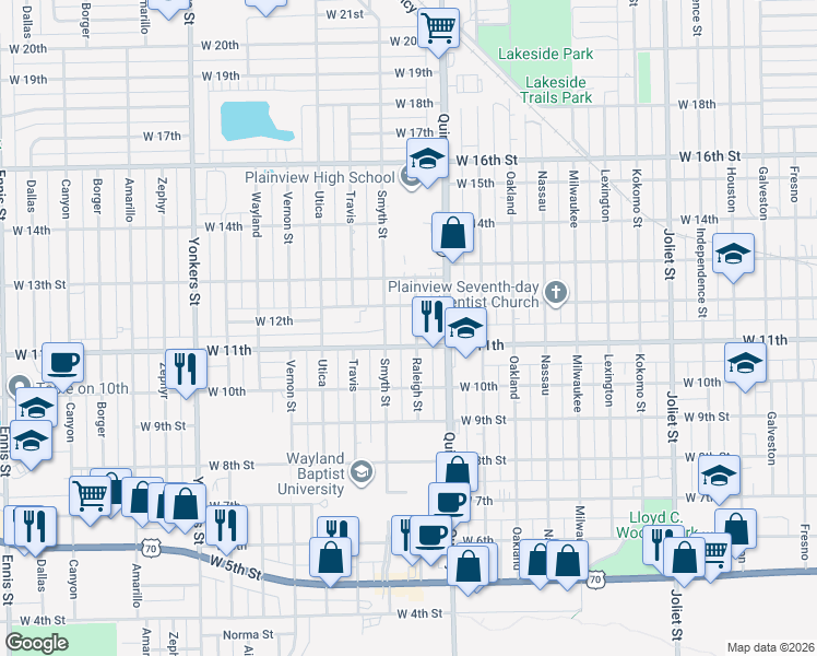map of restaurants, bars, coffee shops, grocery stores, and more near 1108 Raleigh St in Plainview
