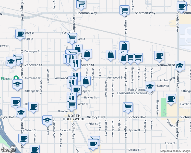 map of restaurants, bars, coffee shops, grocery stores, and more near 11565 Archwood Street in Los Angeles