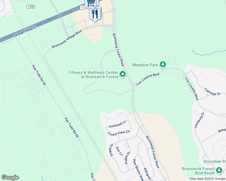 map of restaurants, bars, coffee shops, grocery stores, and more near 1145 Evangeline Drive in Leland