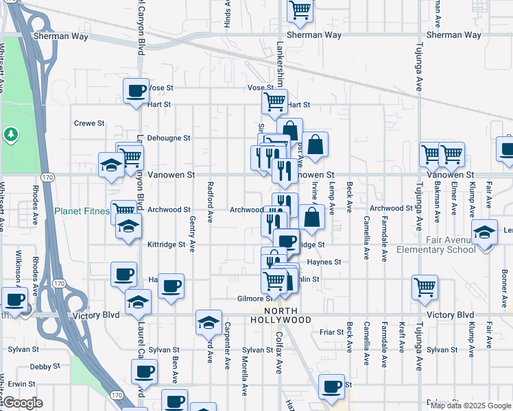 map of restaurants, bars, coffee shops, grocery stores, and more near 11743 Archwood Street in Los Angeles