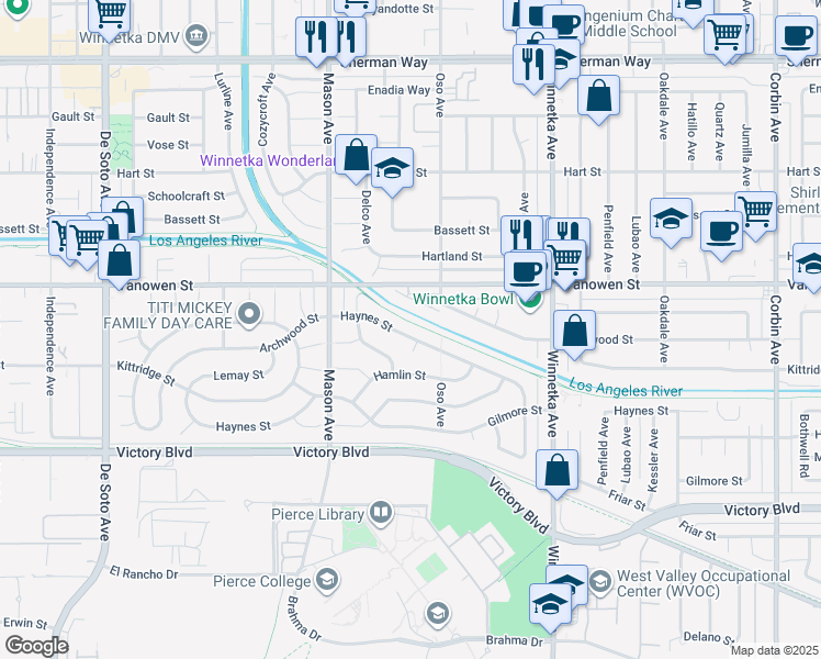 map of restaurants, bars, coffee shops, grocery stores, and more near 20341 Haynes Street in Los Angeles