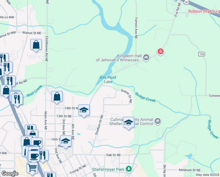map of restaurants, bars, coffee shops, grocery stores, and more near 907 Scenic Drive Northeast in Cullman