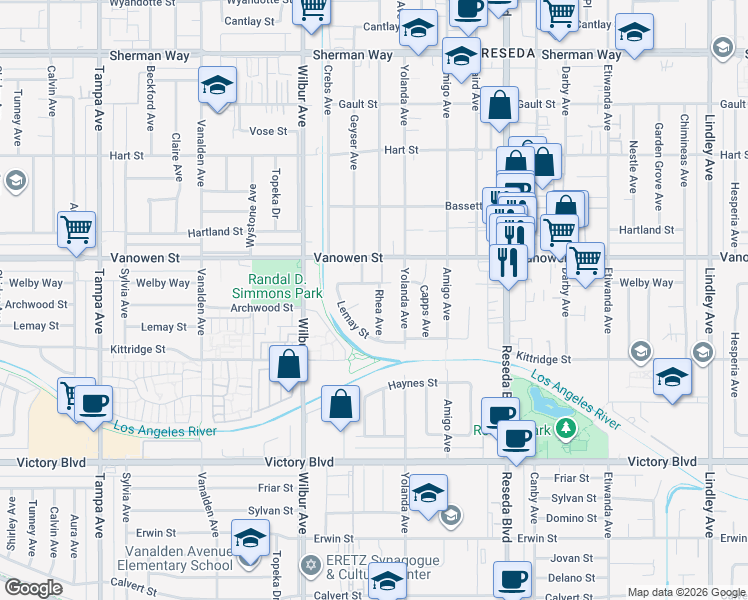 map of restaurants, bars, coffee shops, grocery stores, and more near 6711 Rhea Avenue in Los Angeles