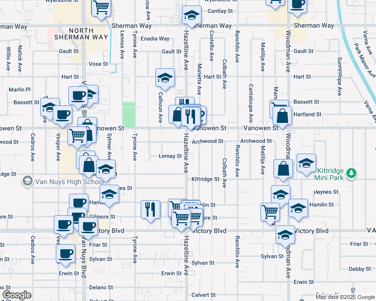map of restaurants, bars, coffee shops, grocery stores, and more near 6706 Hazeltine Avenue in Los Angeles