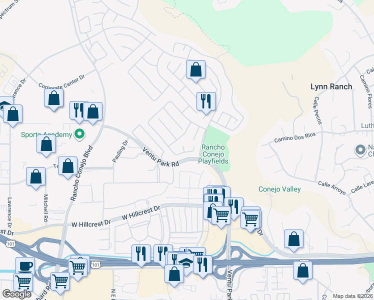 map of restaurants, bars, coffee shops, grocery stores, and more near 982 Javelin Court in Thousand Oaks