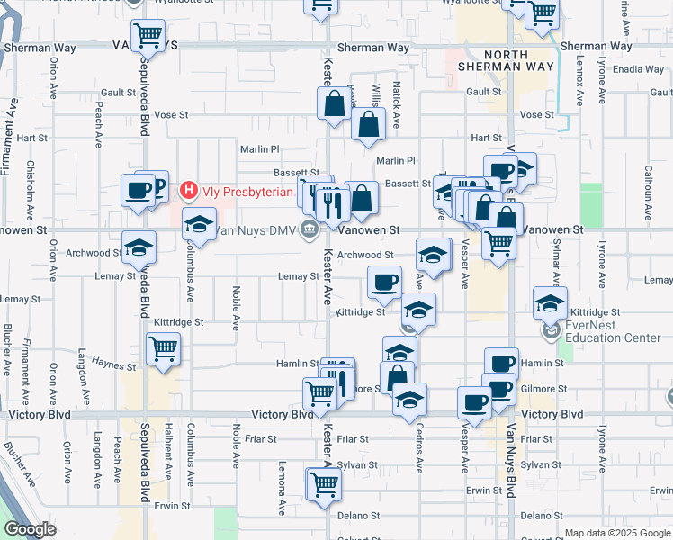 map of restaurants, bars, coffee shops, grocery stores, and more near Kester Avenue in Los Angeles