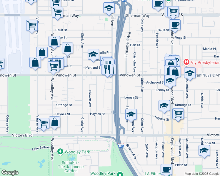 map of restaurants, bars, coffee shops, grocery stores, and more near 6718 Whitman Avenue in Los Angeles