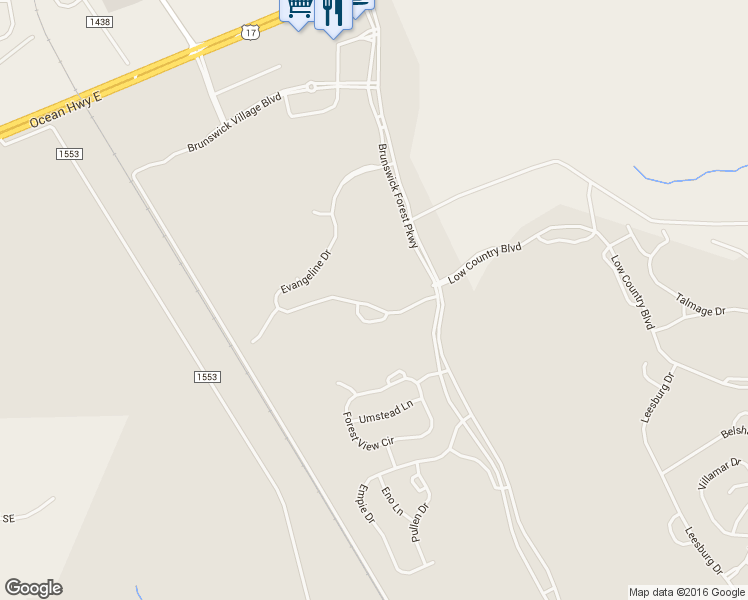 map of restaurants, bars, coffee shops, grocery stores, and more near 1145 Evangeline Drive in Leland