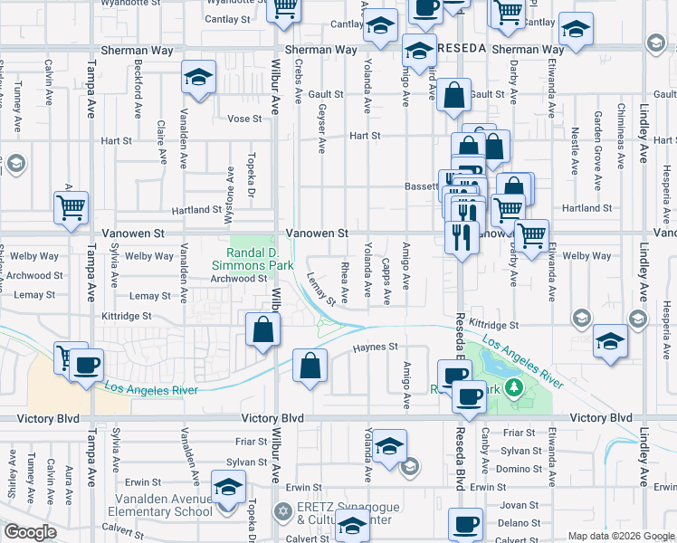 map of restaurants, bars, coffee shops, grocery stores, and more near 6711 Rhea Avenue in Los Angeles