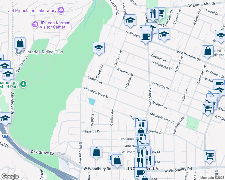 map of restaurants, bars, coffee shops, grocery stores, and more near 706 Ventura St in Altadena