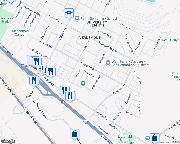map of restaurants, bars, coffee shops, grocery stores, and more near 2796 Melissa Street in San Bernardino