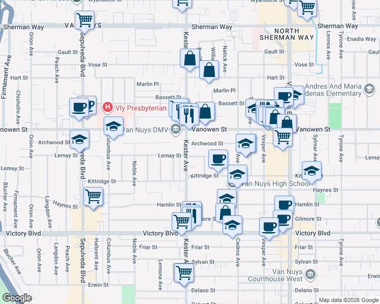 map of restaurants, bars, coffee shops, grocery stores, and more near 6702 Kester Avenue in Los Angeles