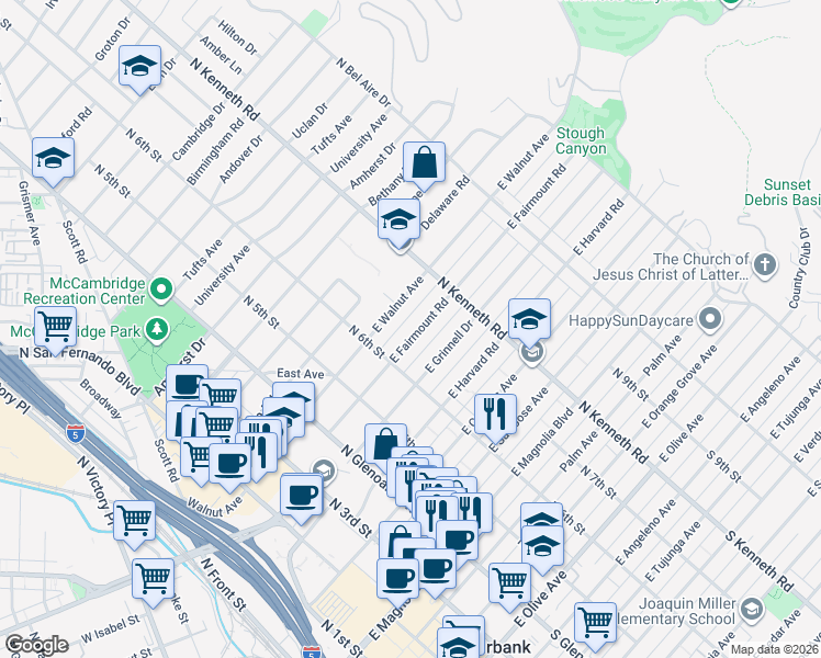 map of restaurants, bars, coffee shops, grocery stores, and more near 633 East Fairmount Road in Burbank