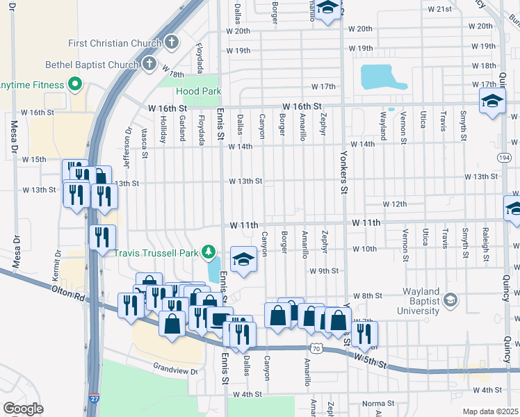 map of restaurants, bars, coffee shops, grocery stores, and more near 1107 Canyon Street in Plainview