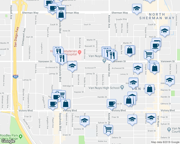 map of restaurants, bars, coffee shops, grocery stores, and more near 15031 Lemay Street in Los Angeles