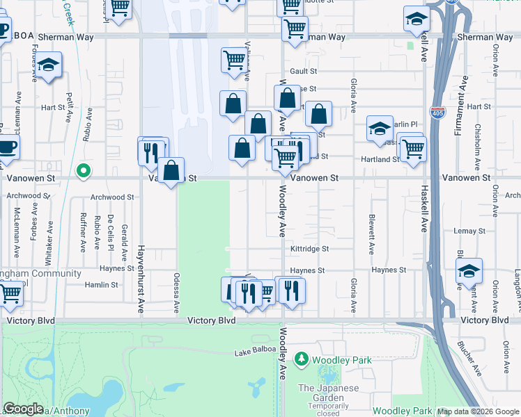 map of restaurants, bars, coffee shops, grocery stores, and more near 6710 Valjean Avenue in Los Angeles