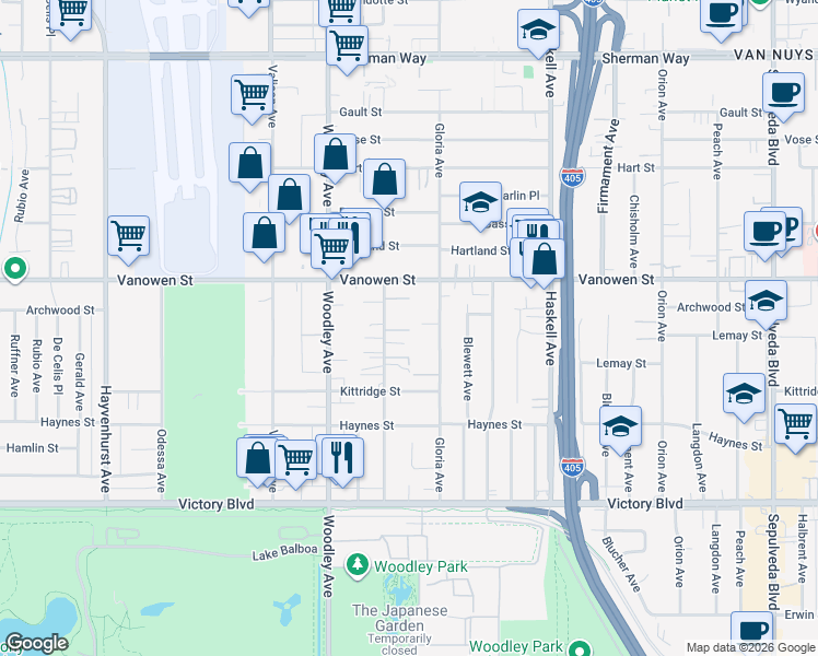 map of restaurants, bars, coffee shops, grocery stores, and more near 15929 Archwood Lane in Los Angeles