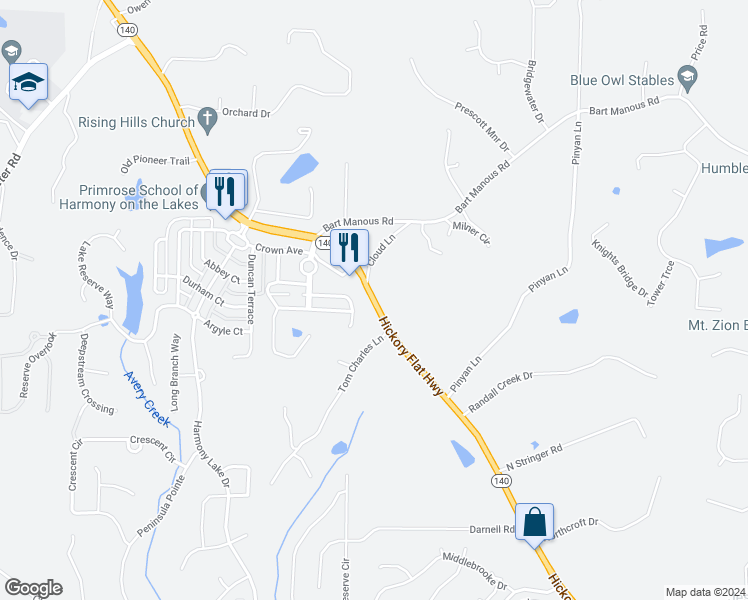 map of restaurants, bars, coffee shops, grocery stores, and more near 4343 Hickory Flat Highway in Holly Springs