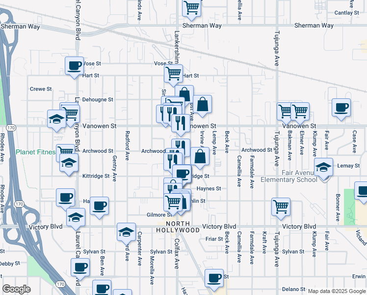 map of restaurants, bars, coffee shops, grocery stores, and more near 6708 Lankershim Boulevard in Los Angeles