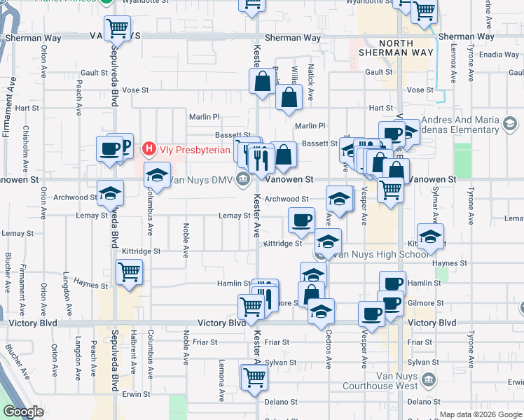 map of restaurants, bars, coffee shops, grocery stores, and more near 6704 Kester Avenue in Los Angeles