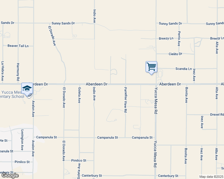 map of restaurants, bars, coffee shops, grocery stores, and more near 59057 Aberdeen Drive in Yucca Valley