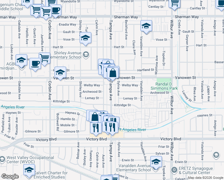 map of restaurants, bars, coffee shops, grocery stores, and more near 6702 Tampa Avenue in Los Angeles