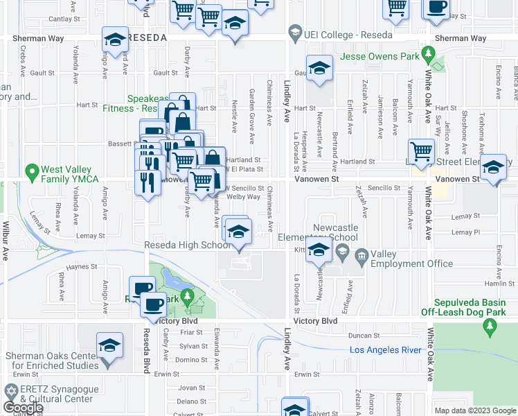 map of restaurants, bars, coffee shops, grocery stores, and more near 18147 Archwood Street in Los Angeles