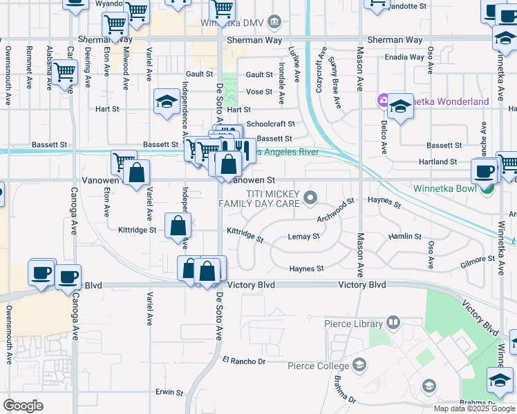 map of restaurants, bars, coffee shops, grocery stores, and more near 20763 Skouras Drive in Los Angeles