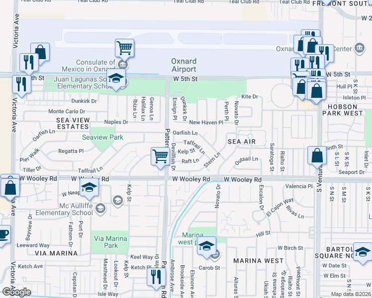 map of restaurants, bars, coffee shops, grocery stores, and more near 2611 Kelp Street in Oxnard