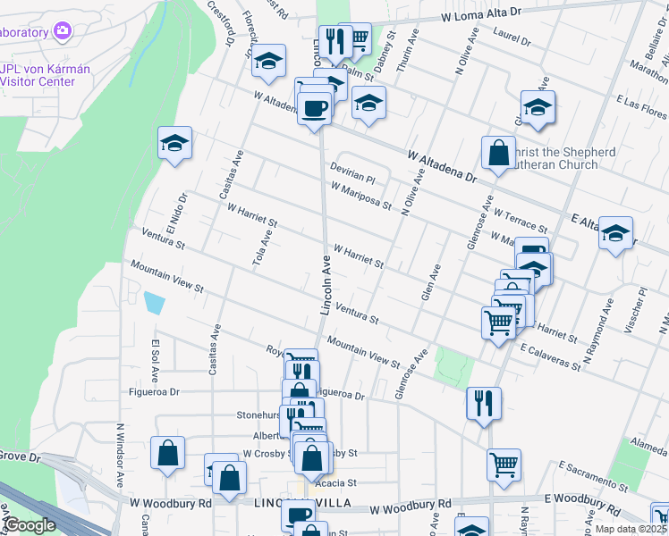 map of restaurants, bars, coffee shops, grocery stores, and more near 2736 Lincoln Avenue in Altadena