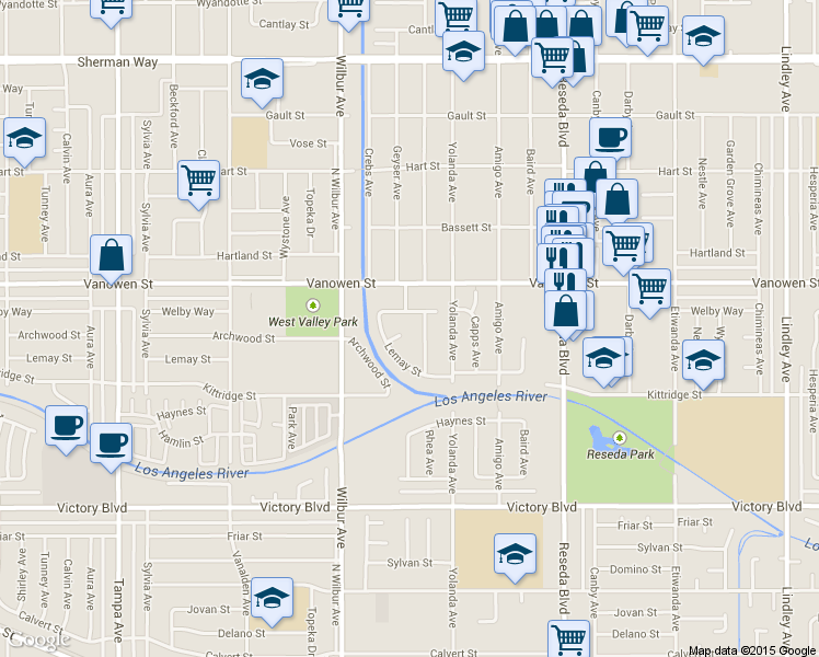 map of restaurants, bars, coffee shops, grocery stores, and more near 6727 Kurl Way in Los Angeles