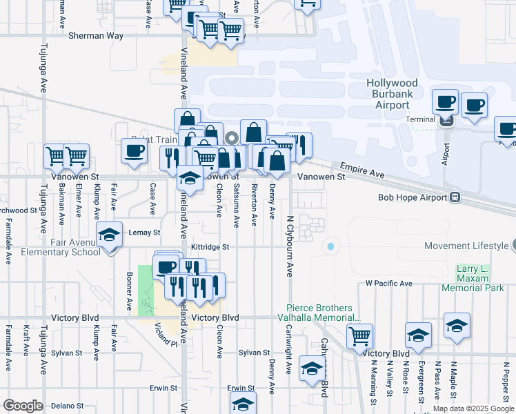 map of restaurants, bars, coffee shops, grocery stores, and more near 6716 Clybourn Avenue in Los Angeles