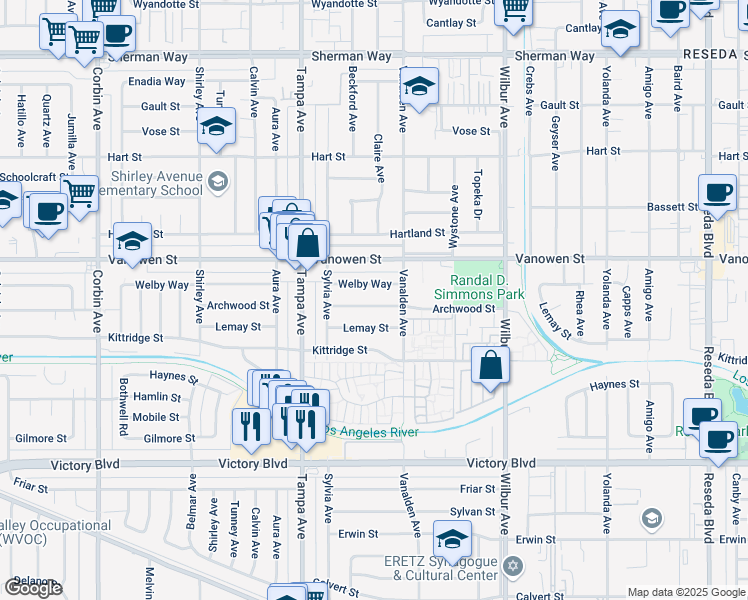 map of restaurants, bars, coffee shops, grocery stores, and more near 19135 Archwood Street in Los Angeles