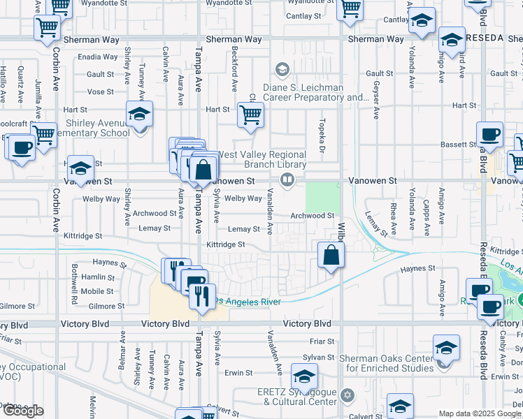 map of restaurants, bars, coffee shops, grocery stores, and more near 19113 Archwood Street in Los Angeles