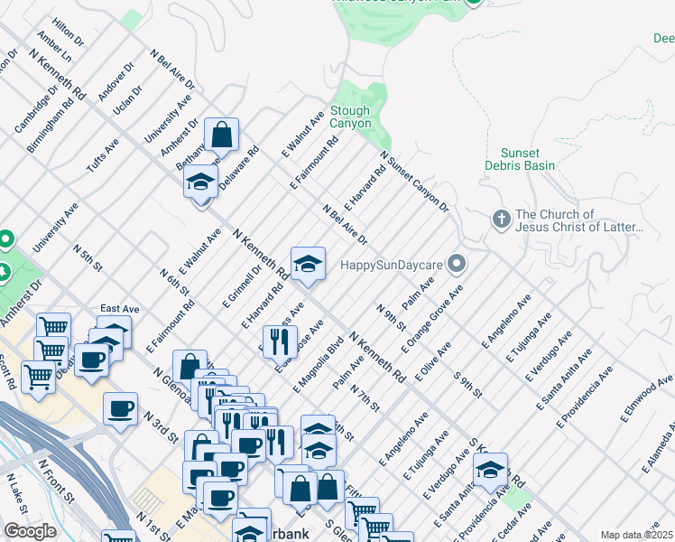 map of restaurants, bars, coffee shops, grocery stores, and more near 840 East Cypress Avenue in Burbank