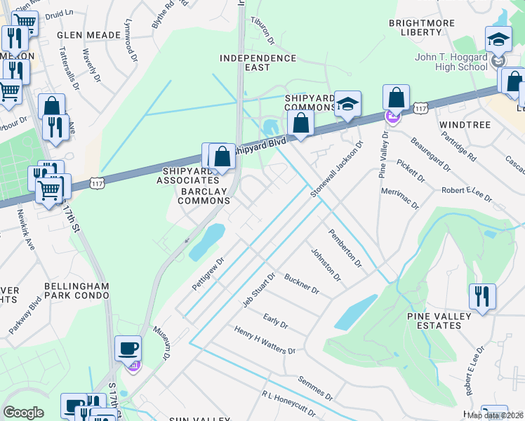 map of restaurants, bars, coffee shops, grocery stores, and more near 2541 Costmary Lane in Wilmington