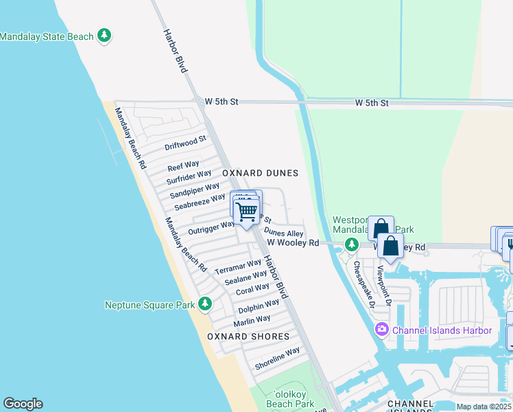 map of restaurants, bars, coffee shops, grocery stores, and more near 1011 Dunes Street in Oxnard