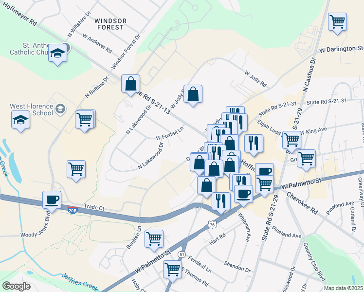 map of restaurants, bars, coffee shops, grocery stores, and more near 2220 Oakwood Lane in Florence