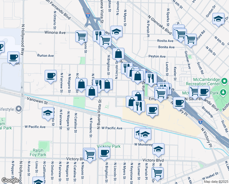 map of restaurants, bars, coffee shops, grocery stores, and more near 2016 North Brighton Street in Burbank