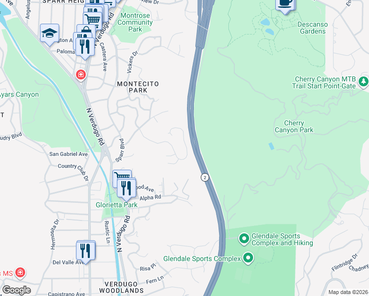 map of restaurants, bars, coffee shops, grocery stores, and more near 2151 El Arbolita Drive in Glendale