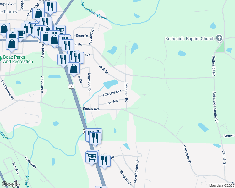 map of restaurants, bars, coffee shops, grocery stores, and more near 150 Hillview Avenue in Boaz