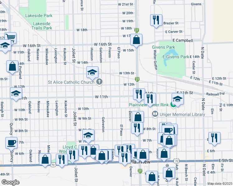 map of restaurants, bars, coffee shops, grocery stores, and more near 1106 Fresno Street in Plainview
