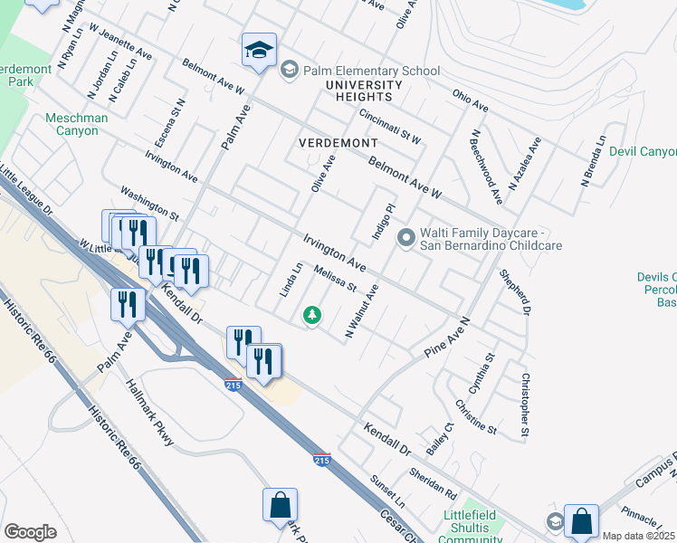 map of restaurants, bars, coffee shops, grocery stores, and more near 2824 Melissa Street in San Bernardino