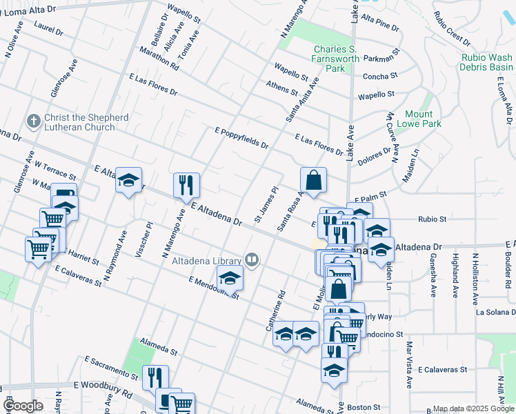 map of restaurants, bars, coffee shops, grocery stores, and more near 2755 Saint James Place in Altadena