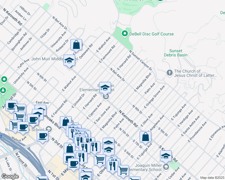 map of restaurants, bars, coffee shops, grocery stores, and more near 840 East Cypress Avenue in Burbank